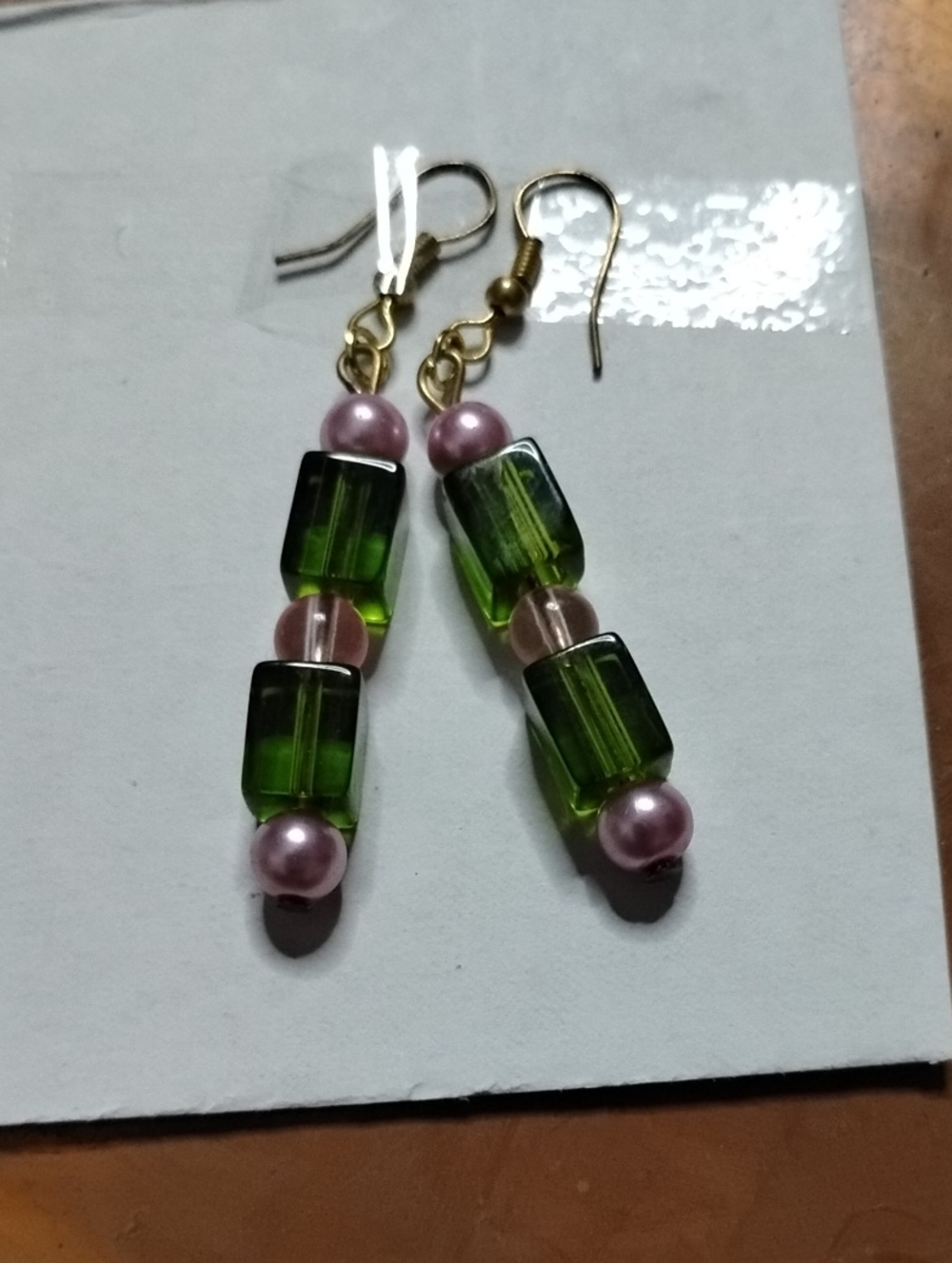 Green and Pink Beaded Drop Earrings with Gold Hooks - Elegant Everyday Accent